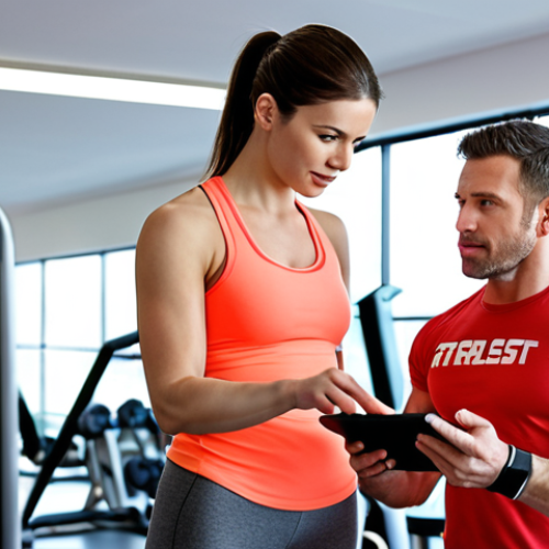 Home 4 **
A personalized fitness training session in a bright gym. A personal trainer is guiding a woman through an exercise, while monitoring her form and progress on a tablet. Show various equipment in the background (weights, resistance bands). The atmosphere should be motivating and supportive. Focus on the individualized attention.
**