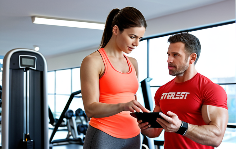 **
A personalized fitness training session in a bright gym. A personal trainer is guiding a woman through an exercise, while monitoring her form and progress on a tablet. Show various equipment in the background (weights, resistance bands). The atmosphere should be motivating and supportive. Focus on the individualized attention.
**