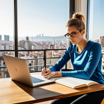 Aspiring Instructor Studying**

A motivated young woman, fully clothed in athletic wear and glasses, studying diligently at a wooden desk piled high with textbooks on anatomy and fitness. She is in a brightly lit, modern apartment in Barcelona with a view of the city skyline. Safe for work. Perfect anatomy. Professional lighting. Appropriate content. Family-friendly.

**