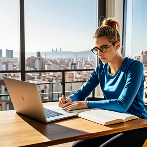Home 11 Aspiring Instructor Studying**
A motivated young woman, fully clothed in athletic wear and glasses, studying diligently at a wooden desk piled high with textbooks on anatomy and fitness. She is in a brightly lit, modern apartment in Barcelona with a view of the city skyline. Safe for work. Perfect anatomy. Professional lighting. Appropriate content. Family-friendly.
**
