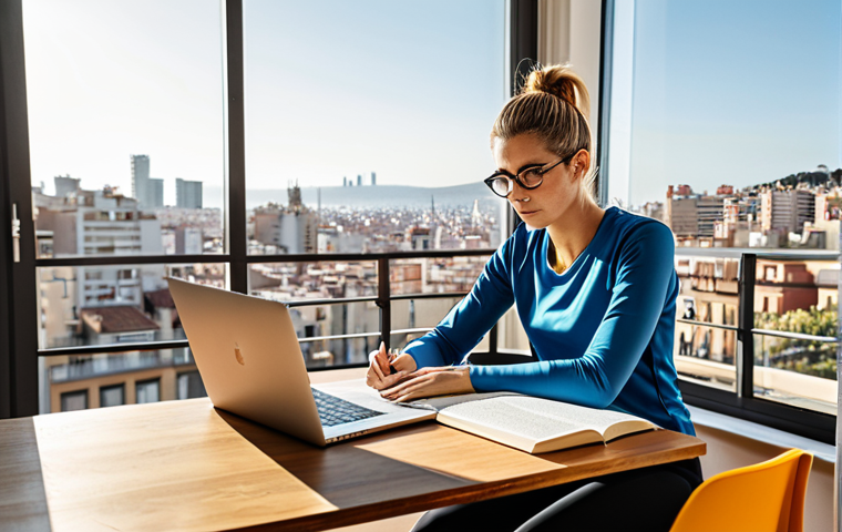 Aspiring Instructor Studying**

A motivated young woman, fully clothed in athletic wear and glasses, studying diligently at a wooden desk piled high with textbooks on anatomy and fitness. She is in a brightly lit, modern apartment in Barcelona with a view of the city skyline. Safe for work. Perfect anatomy. Professional lighting. Appropriate content. Family-friendly.

**