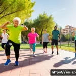 생활체육지도사 윤리 강령 - A diverse group of adults participating in a recreational outdoor fitness class in a sunny urban par...