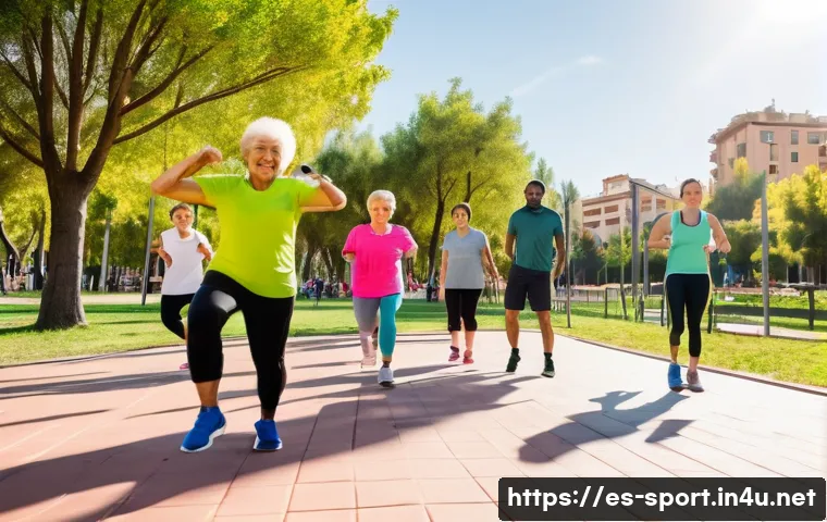 생활체육지도사 윤리 강령 - A diverse group of adults participating in a recreational outdoor fitness class in a sunny urban par...